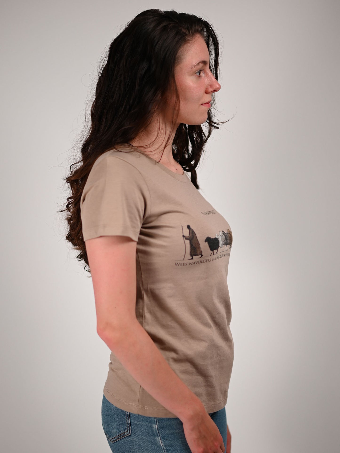 1 Korinthe 11:1 T-Shirt vrouw zijkant