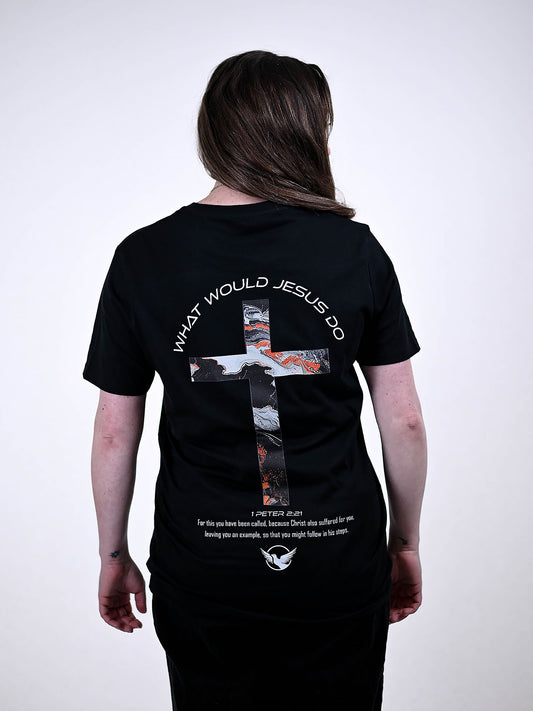 WHAT WOULD JESUS DO T-SHIRT zwart achterkant